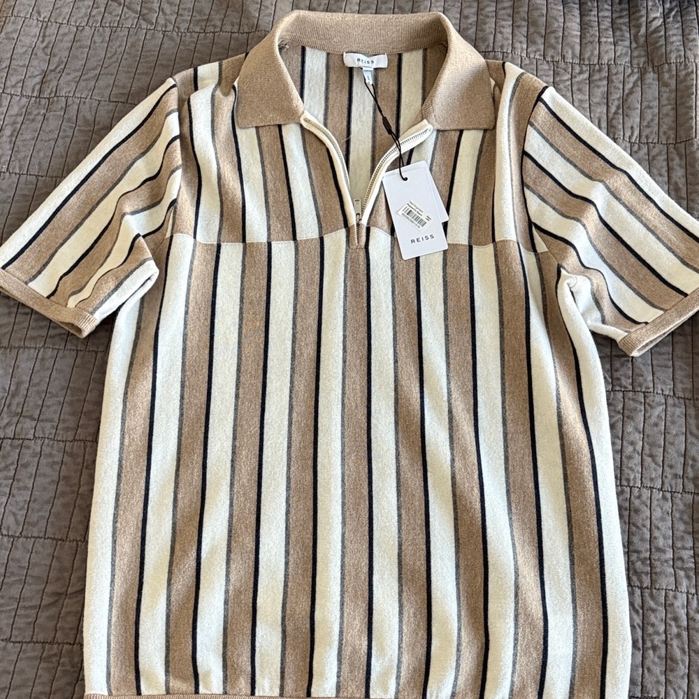 Reiss Men's Polo Shirt - Cream and Brown Stripes